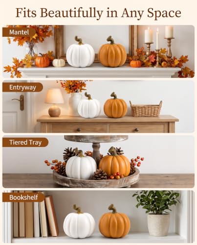 Set of 2 Fall Resin Pumpkin Decorations - White & Orange 4 Inch
