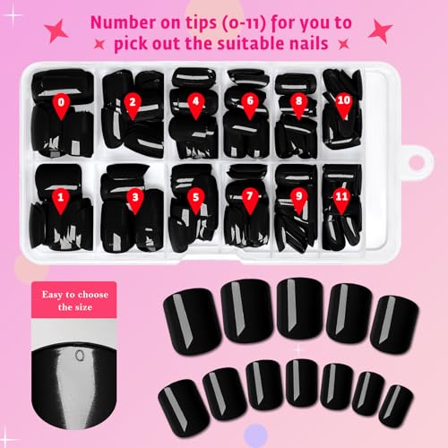 AddFavor Black Short Press On Nails - 144pcs Fake Acrylic Nails with Adhesive Tabs
