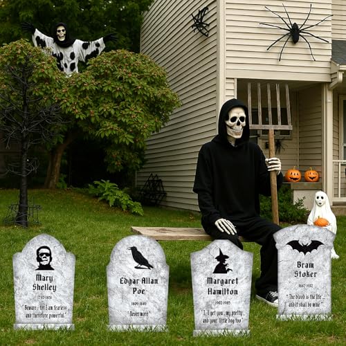 Grey Classic Haunted Tombstones Set - 4 Large Halloween Graveyard Yard Signs with Stakes