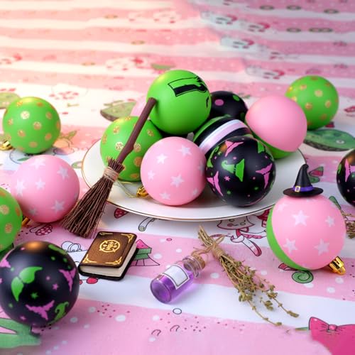 24 Pcs Witch Christmas Tree Ornaments - Pink & Green Holiday Baubles - Witch Themed Xmas Decor - Variation of THIS listing