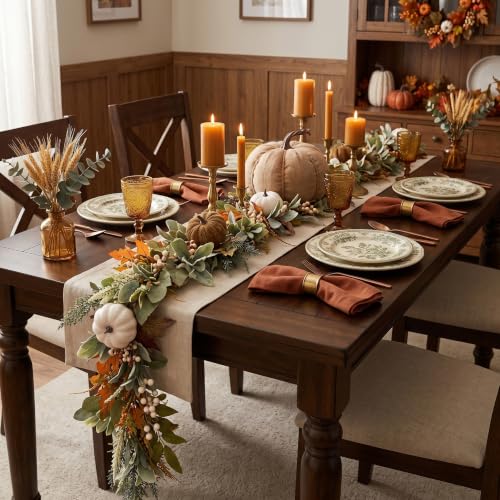 Fall Garland with Velvet Pumpkin Leaves for Mantle & Fireplace Decor