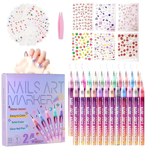 24-Color 0.5mm Nail Art Pen Set with Sticker Accessories – Non-Toxic, Quick-Drying