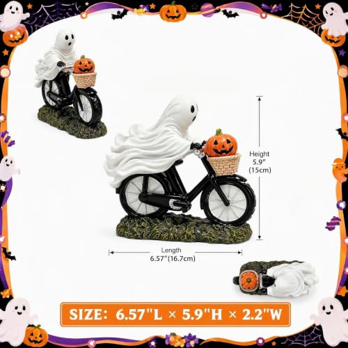 Halloween Ghost Riding Bicycle Figurine with Pumpkin - Table Decor, Party Centerpiece, Seasonal Home Accent - Variation of Bicycle