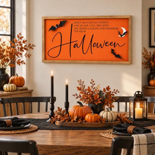 Halloween Wall Art Framed with 3D Bats - Orange Sign for Indoor Decor