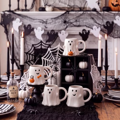 Halloween Ghost Coffee Mug Set - 14 oz Ceramic Stackable Cute Ghosts & Pumpkins - 4 Pack