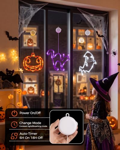 Minetom 3 Pack Halloween Window Lights - Pumpkin Ghost Cat with Timer - Battery Operated Decorations
