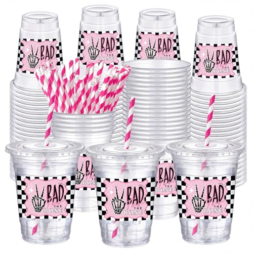 FillTouch 50 Pcs Halloween Skeleton Bone Plastic Cups with Lids & Straws - Bad Two the Bone Variation
