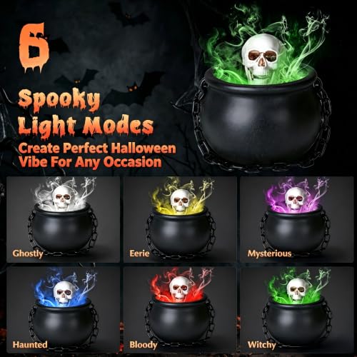 5.9Inch Halloween Witches Cauldron with Water Mist & 6 LED Light Modes, Indoor Decor