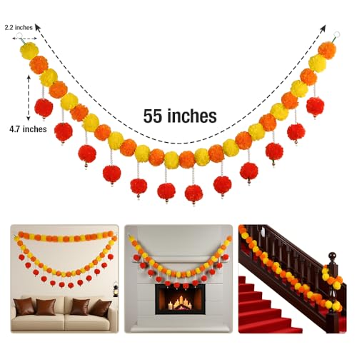 Orange Marigold Garland with Pearls for Diwali Decoration - 5Ft, 2 Pack