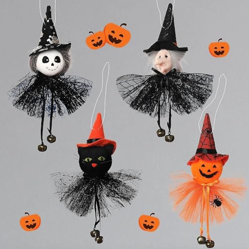 Halloween Hanging Bell Decor Set - 4PCS Pumpkin Ghost Witch Black Cat - Color-02