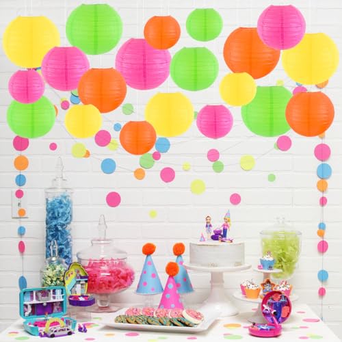Neon Paper Lanterns Party Decorations - Set of 20 for Neon & Glow Parties