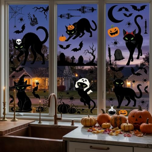 Halloween Window Clings Black Cat Decals Set - 6 Sheets, 50 Pcs Spooky Decor