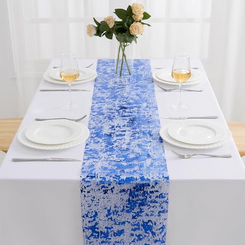 Royal Blue Table Runner 2 Pieces 11x108 Inches Glitter Gold Mesh Polyester