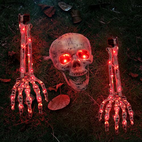Light Up Skeleton Skull & Hands Halloween Decorations - Red Variation