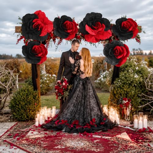Giant Black and Red Artificial Flowers Roses Velvet Halloween Decor Set - 6 Pieces