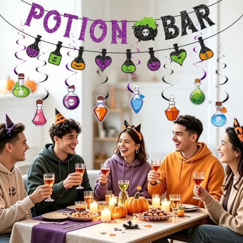 Halloween Potion Bar Banner with Glitter Swirls and Bats - Haunted House Party Decor