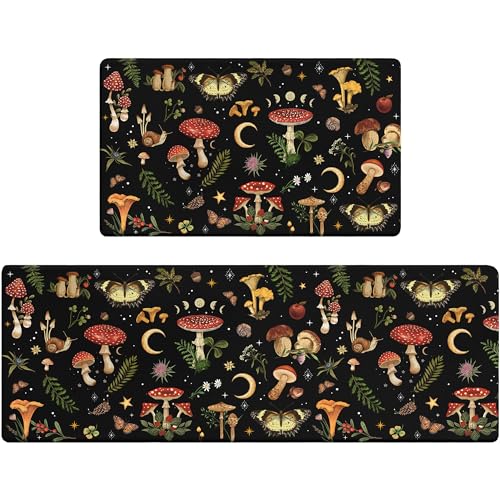 Anti-Fatigue Mushroom Kitchen Mats Set - Black 46x17 & 29x17 Inches with Non-Slip Waterproof Backing