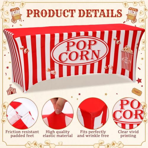 Popcorn Themed Stretch Table Cover - 6ft Concession Stand Tablecloth - Red & White Striped Popcorn Pattern - Variation: Popcorn