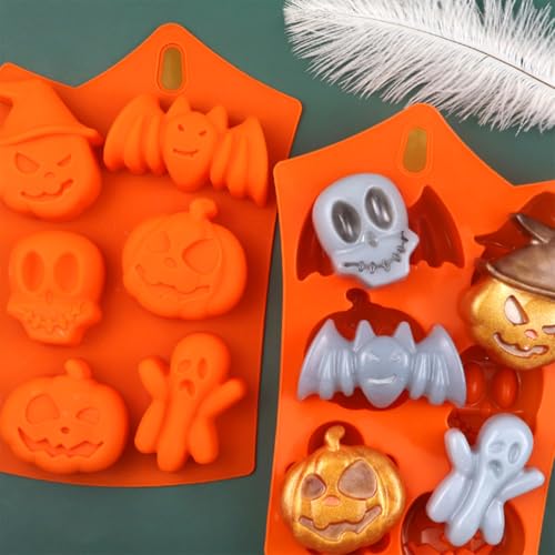 Halloween Silicone Cake & Candy Molds - Pumpkin Bat Skull Ghost Shapes, 2 Pack
