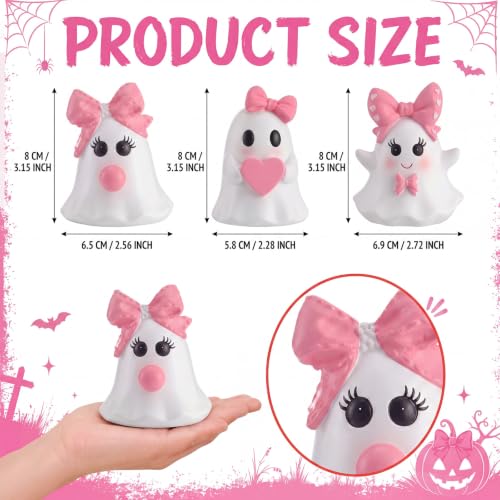 Pink Halloween Ghost Figurines Set - Bow Style, Resin, 3 Pieces