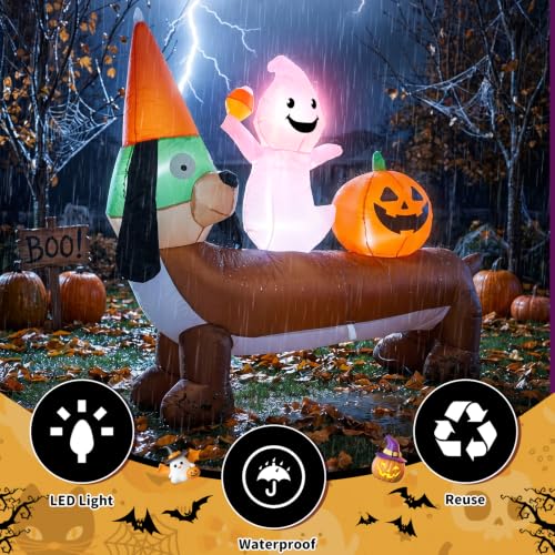 5FT Halloween Inflatable Dachshund and Ghost Yard Decoration - Waterproof & Easy Setup