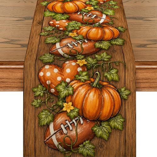 Autumn Pumpkin Heart Wood Table Runner for Kitchen Dining - 13x72 Inch