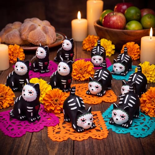 Day of the Dead Cat Figurines Set - Mini Ofrenda Skeleton Decor, 12 Pieces