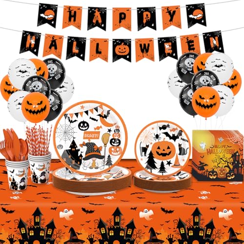 Halloween Party Supplies Set - 148 Pcs Pumpkin Theme Plates Cups Cutlery Balloons Banner