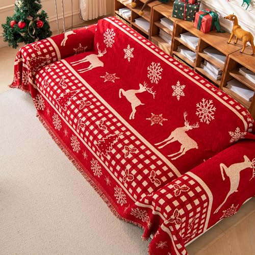 Reversible Christmas Sofa Cover for 2-3 Cushion Couch - Red Deer 71x102 Inches