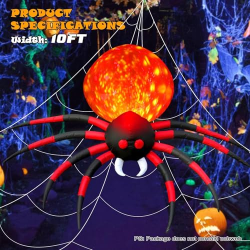 10FT Inflatable Spider Halloween Yard Decor with Rotating LED Flame and Stabilizing Accessories - Outdoor Garden Lawn Ghost Prop