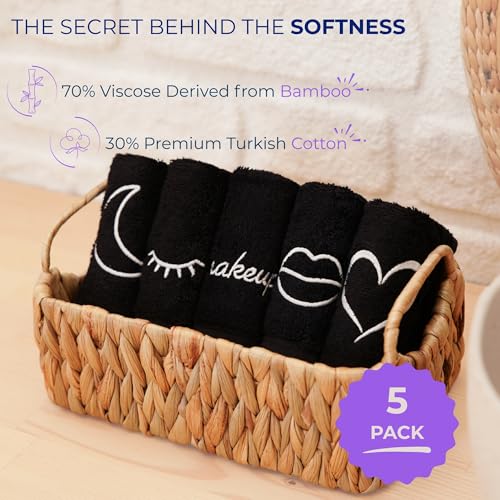 Black Makeup Washcloths Set of 5 - Soft, Durable Face Towels for Makeup Removal