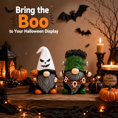 Halloween Gnome Decorations Set - Resin Ghost & Frankenstein Figures, 4-Inch Miniature