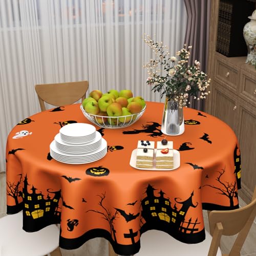 Halloween Round Tablecloth 60 Inch Orange with Haunted House & Bats - Fall Leaves Variation
