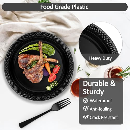 Black Plastic Party Plate Set 200pcs Dinner Plates Cups Napkins Cutlery Disposable