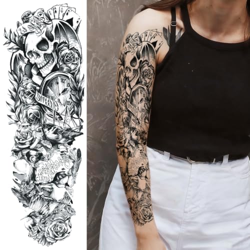 Full Arm Skull Flower Temporary Tattoo Sleeve for Women – 4 Sheets | Variation: Skull