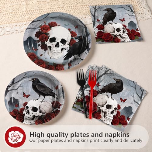 200PCS Halloween Gothic Skull Rose Party Supplies Plates Napkins Set