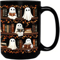 15oz Halloween Ghost Reading Coffee Mug, Bookshelf Tea Cup - Black