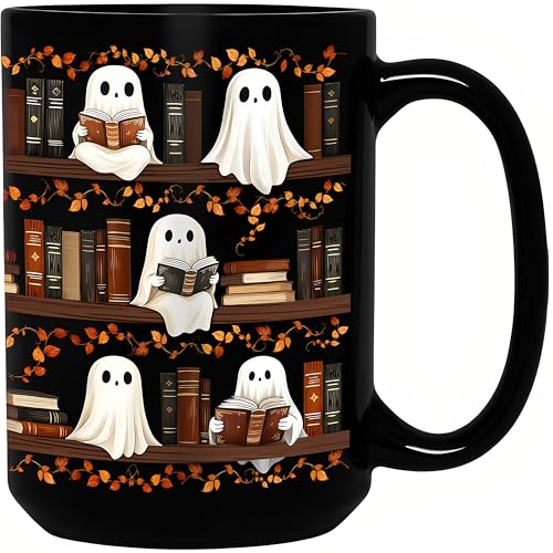 15oz Halloween Ghost Reading Coffee Mug, Bookshelf Tea Cup - Black
