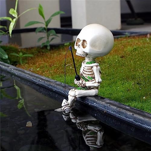 Mini Skeleton Fishing Garden Statue - White Resin Home Decor Sculpture