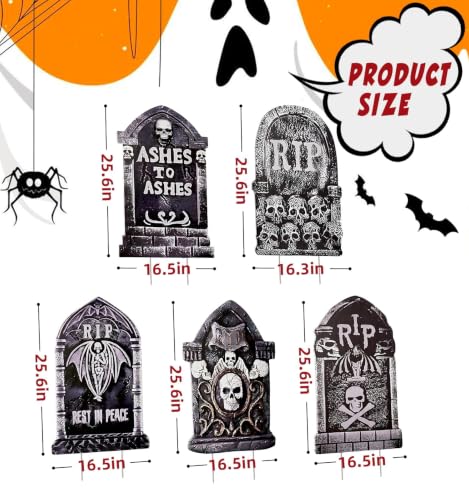 25.6 Inch Halloween Tombstones Outdoor Graveyard Decorations 5-Pack - Weatherproof Plastic, Spooky Cemetery Props, Stable Stakes