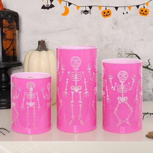 Pink Skeleton Flameless Candles with Haunted Skeleton Decals - Halloween Decor