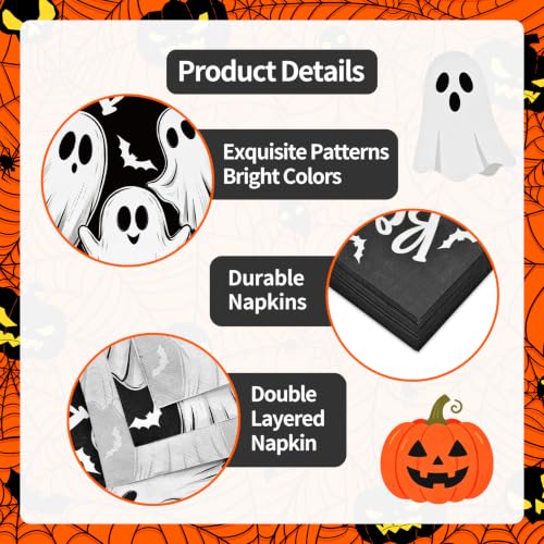 Black Ghost Halloween Napkins - 100 Pack Disposable Party Paper Napkins