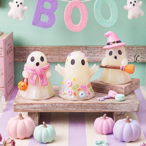 Pastel Halloween Ghost Figurines Set - Glow in the Dark Resin Decor - 3 Pieces
