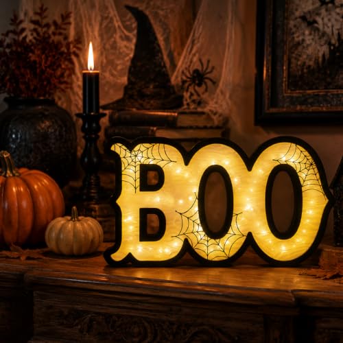 Light Up Halloween BOO Sign with Spiderweb Pattern - Wooden Indoor Decor