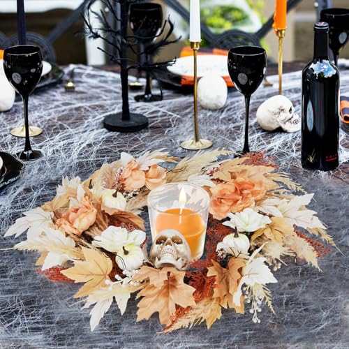 22-Inch Halloween Skull Wreath with Lights for Front Door & Indoor Decor