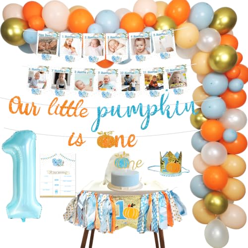 Fall Themed First Birthday Balloon Garland Kit with Pumpkins & Number 1 Foil Balloon