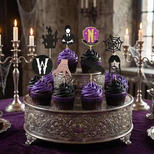 Addams Theme Cupcake Toppers 24 Pcs - Fantasy Horror Party Decorations Design 1
