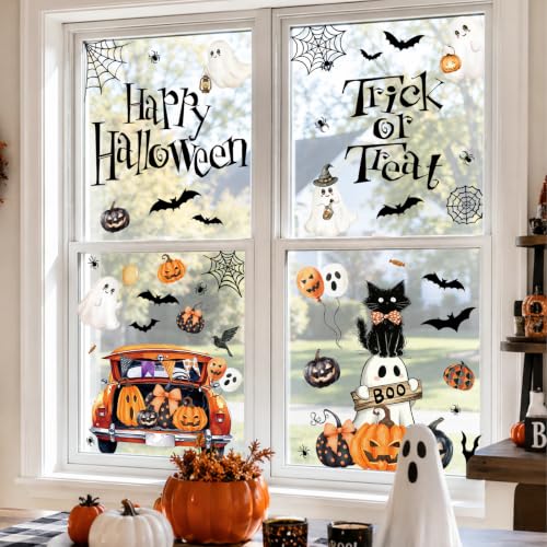 Halloween Window Clings Set - Reusable Spooky Ghost Pumpkins Black Cat Decorations