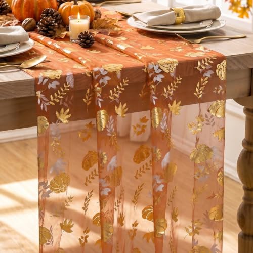 Fall Gauze Table Runner 120 Inch Caramel with Metallic Foil Leaves - Artoid Mode