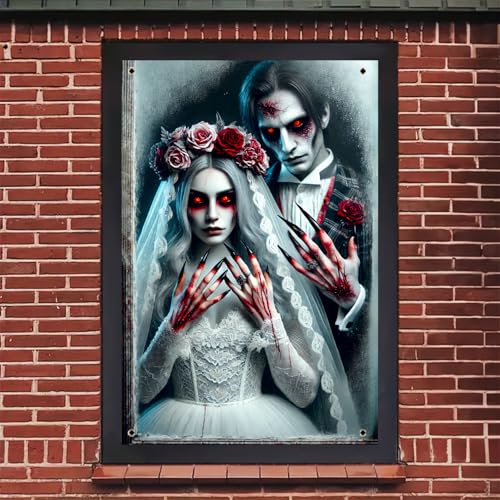 Halloween Ghost Couple Window Cover 31x47 Inch Polyester Decor - Spooky Halloween Window Decoration
